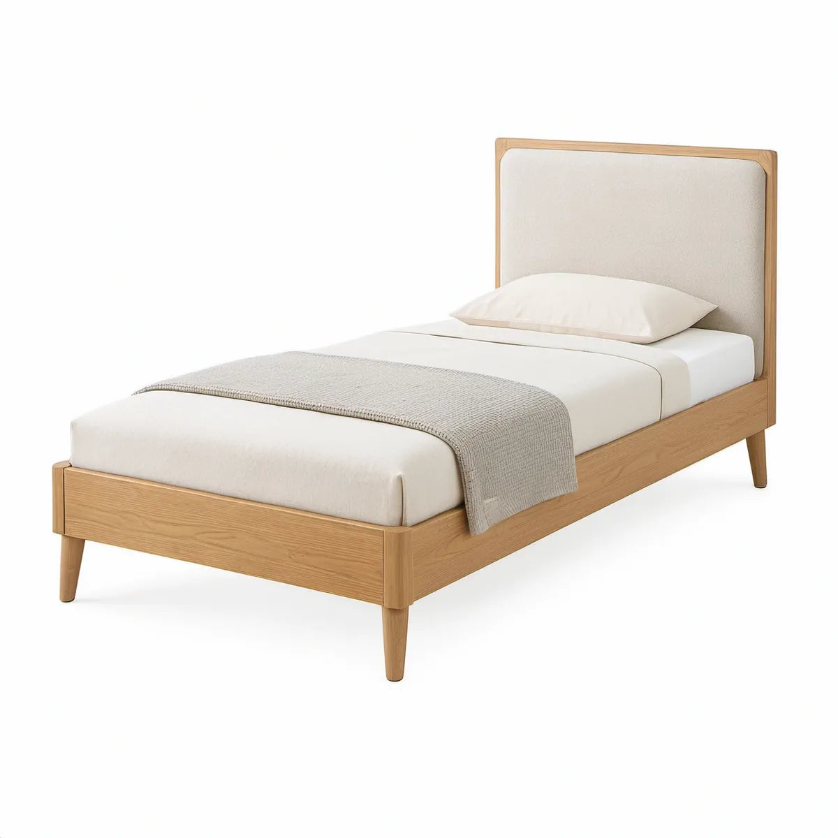 Cama Individual em Carvalho Natural com Cabeceira Estofada Bege-Claro para Colchão 90 x 190 cm