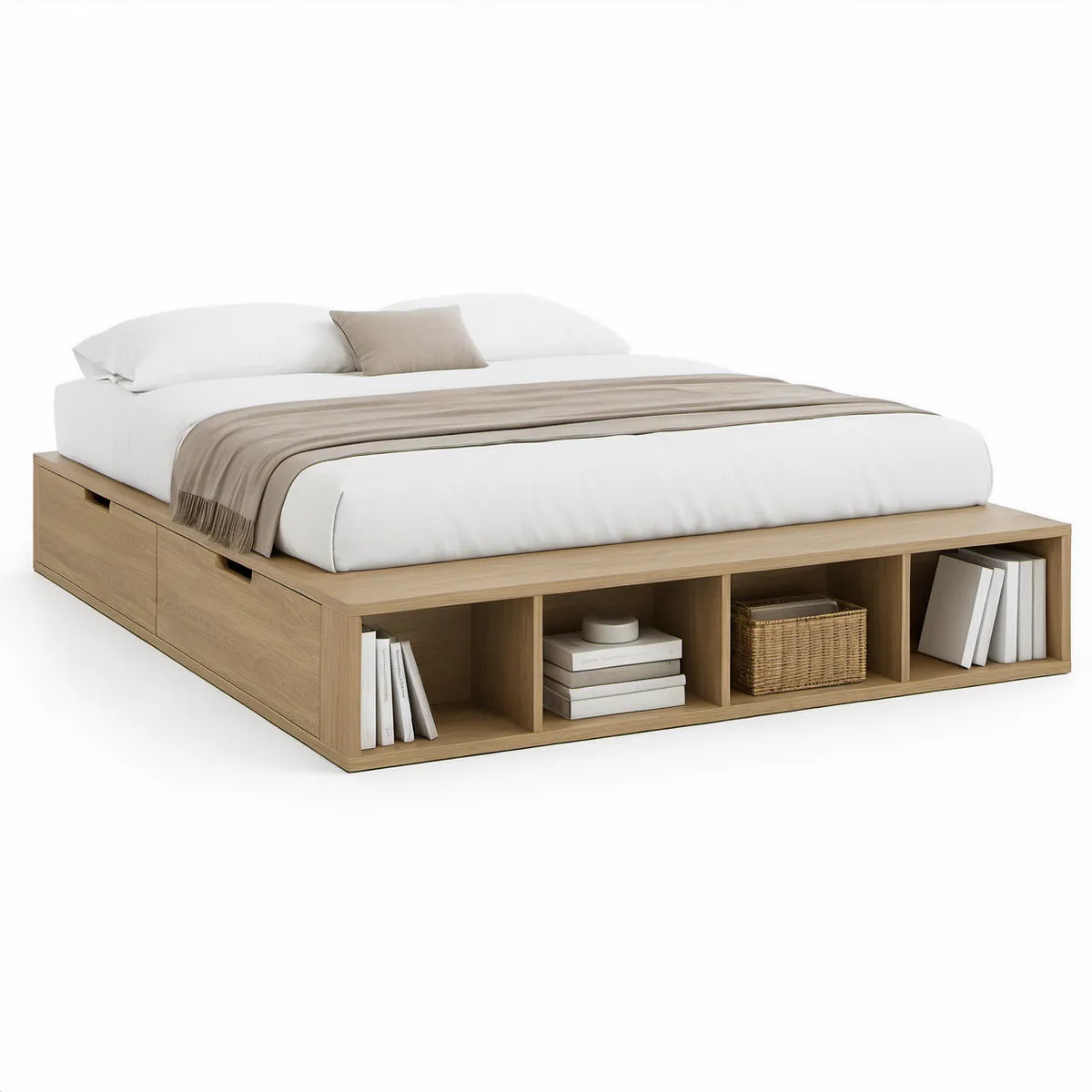 Cama de Casal com Arrumação Integrada para Colchão 160 x 200 cm em Carvalho Claro