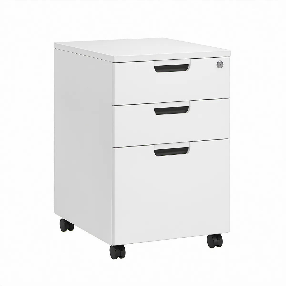 Gaveteiro móvel de aço branco com 3 gavetas, fechadura e rodas, 40 x 50 x 60 cm