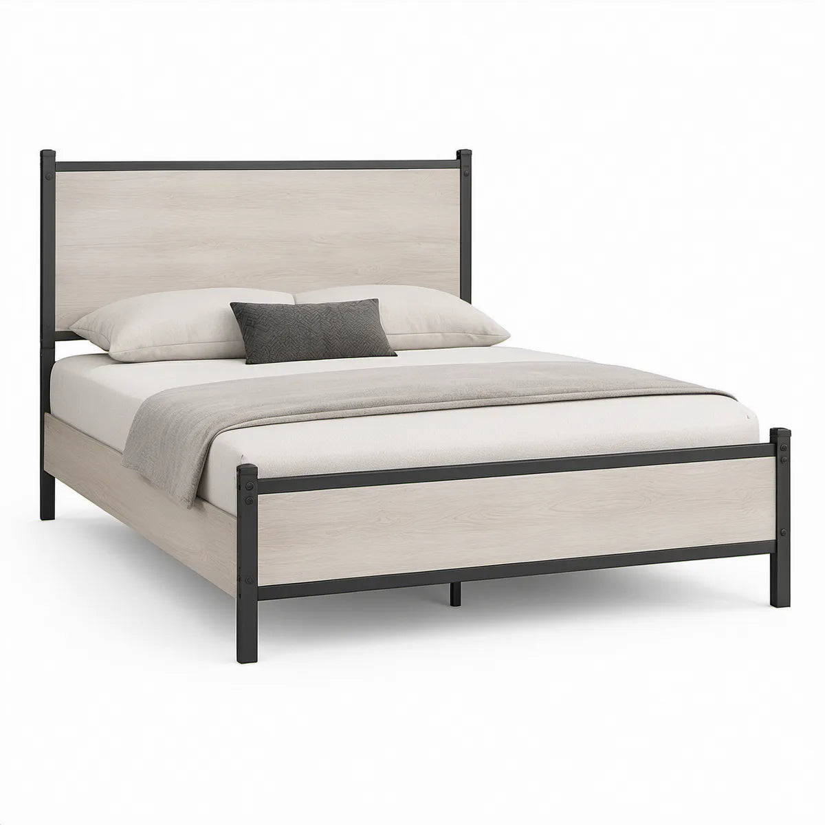 Cama de Casal 160 x 200 cm em Aço e MDF Preto e Carvalho Claro
