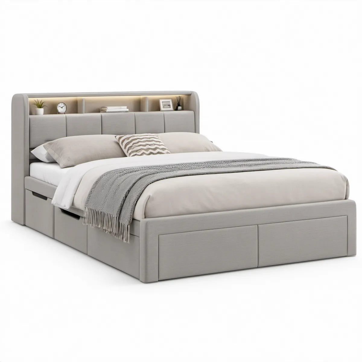 Cama de Casal 160 x 200 cm com Arrumação, Cabeceira com Prateleiras LED e Estrado, Cinzento-claro