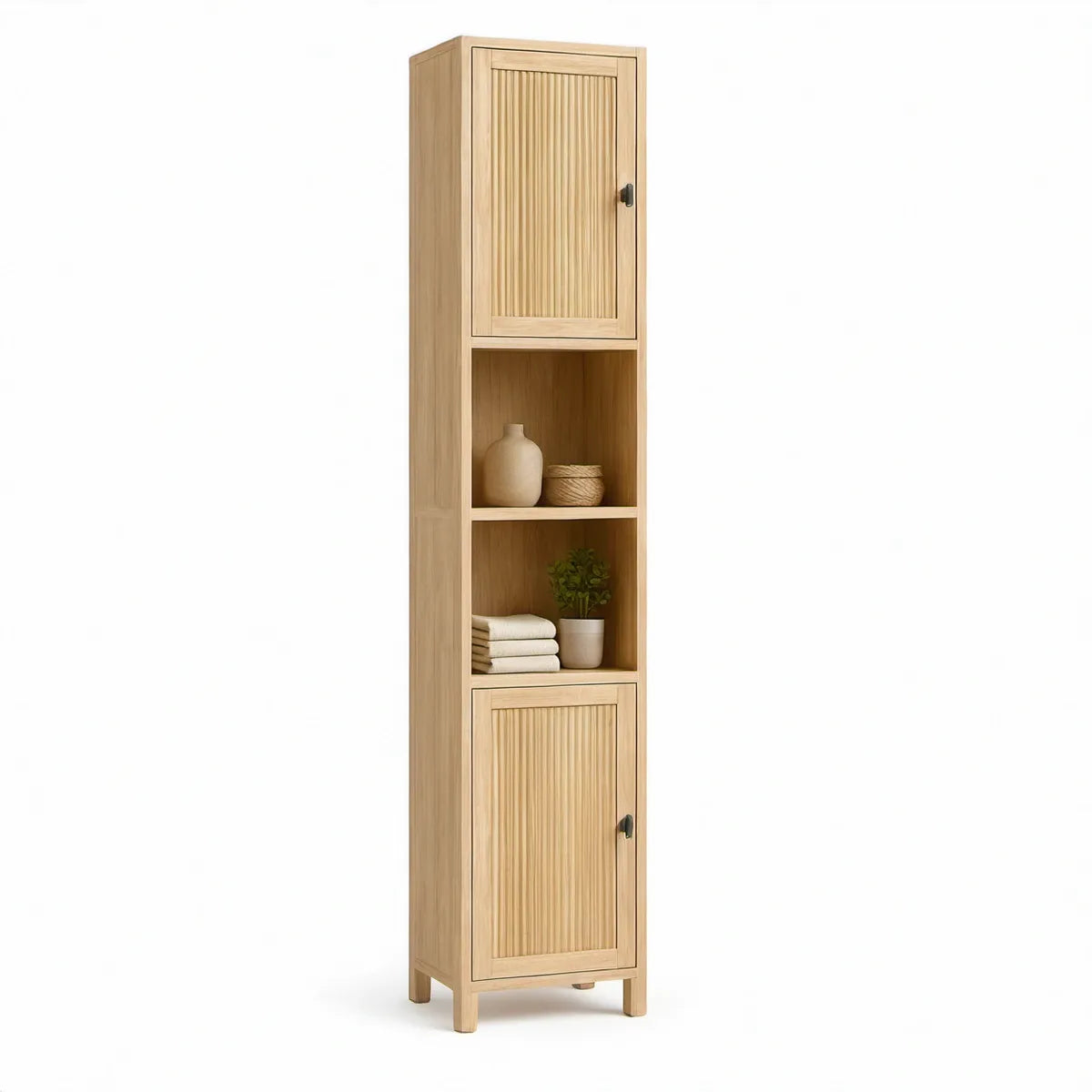 Armário Alto em Bambu Natural com 2 Portas e Nichos Abertos, 40 x 35 x 180 cm