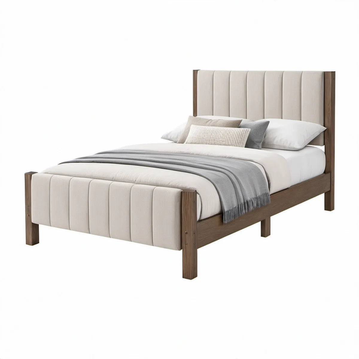 Cama de Casal 160 x 200 cm em Madeira Maciça com Cabeceira Estofada Bege