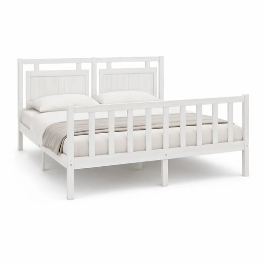 Cama de Casal em Pinho Maciço Branco para Colchão 160 x 200 cm