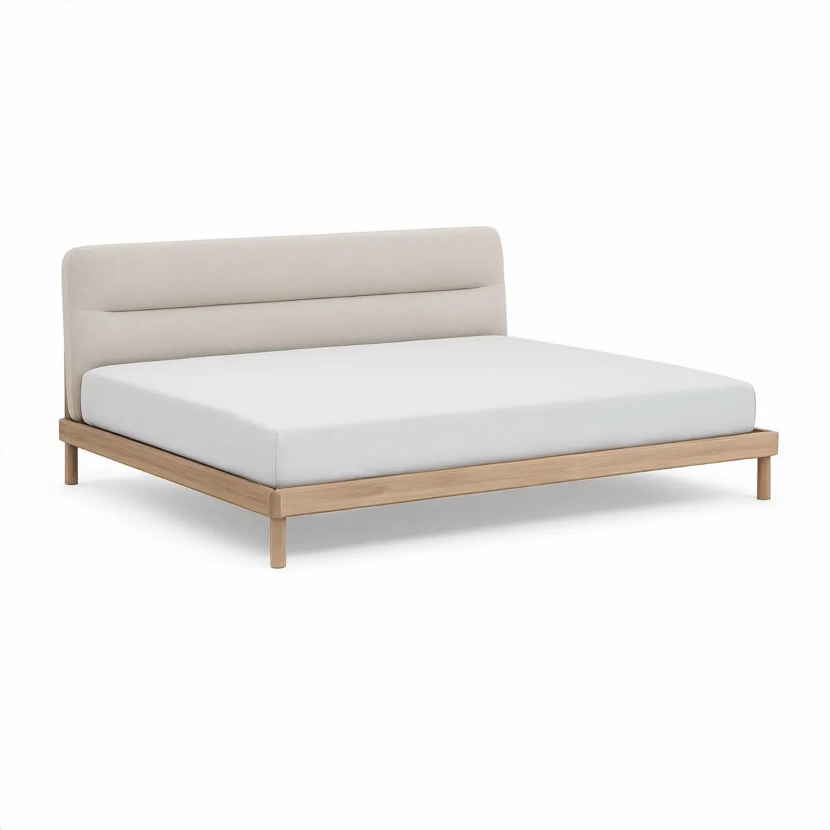 Cama de Casal 160 x 200 cm em Madeira Maciça Natural com Cabeceira Estofada Bege