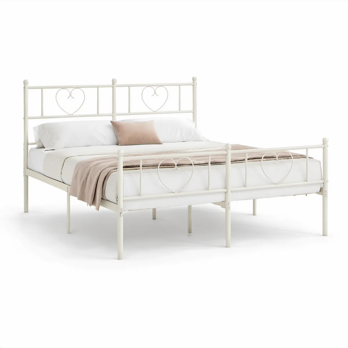Cama de Casal em Aço Branca 160 x 200 cm com Motivos de Coração