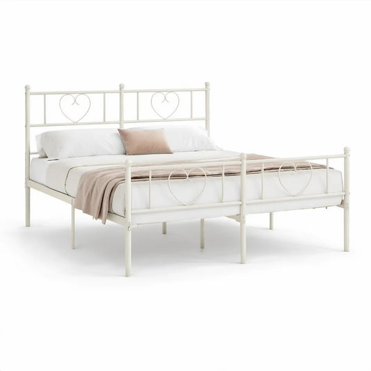 Cama de Casal em Aço Branca 160 x 200 cm com Motivos de Coração