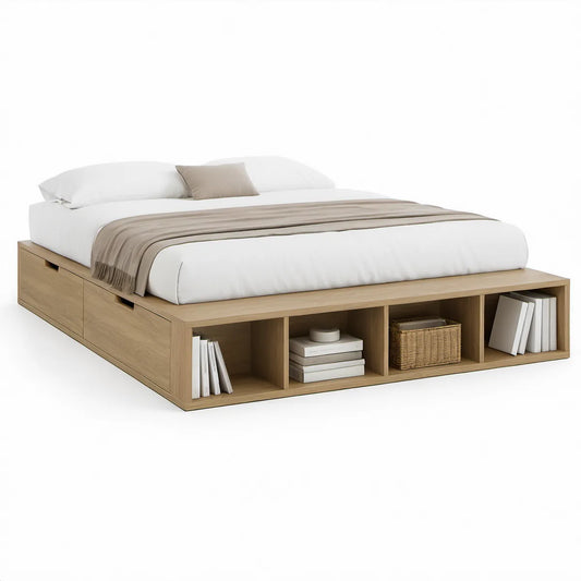 Cama de Casal com Arrumação Integrada para Colchão 160 x 200 cm em Carvalho Claro