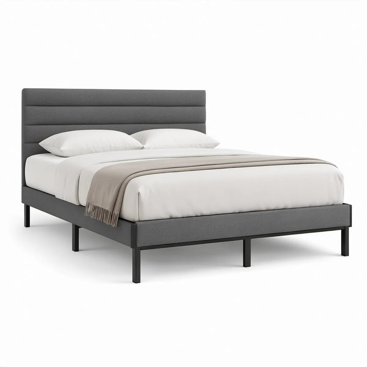 Cama de Casal 160 x 200 cm em Aço e Poliéster Cinzento-Escuro com Cabeceira Estofada