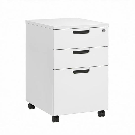 Gaveteiro móvel de aço branco com 3 gavetas, fechadura e rodas, 40 x 50 x 60 cm