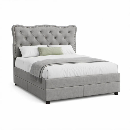 Cama de Casal Estofada em Veludo Cinzento para Colchão 160 x 200 cm