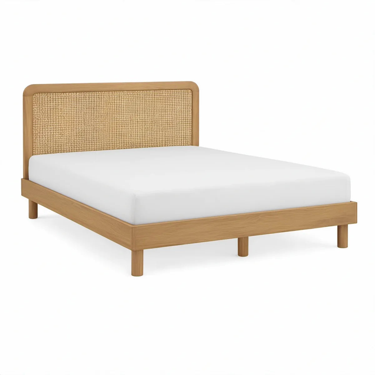 Cama de Casal 160 x 200 cm com Cabeceira em Vime Natural, Madeira de Hevea Castanho-Claro