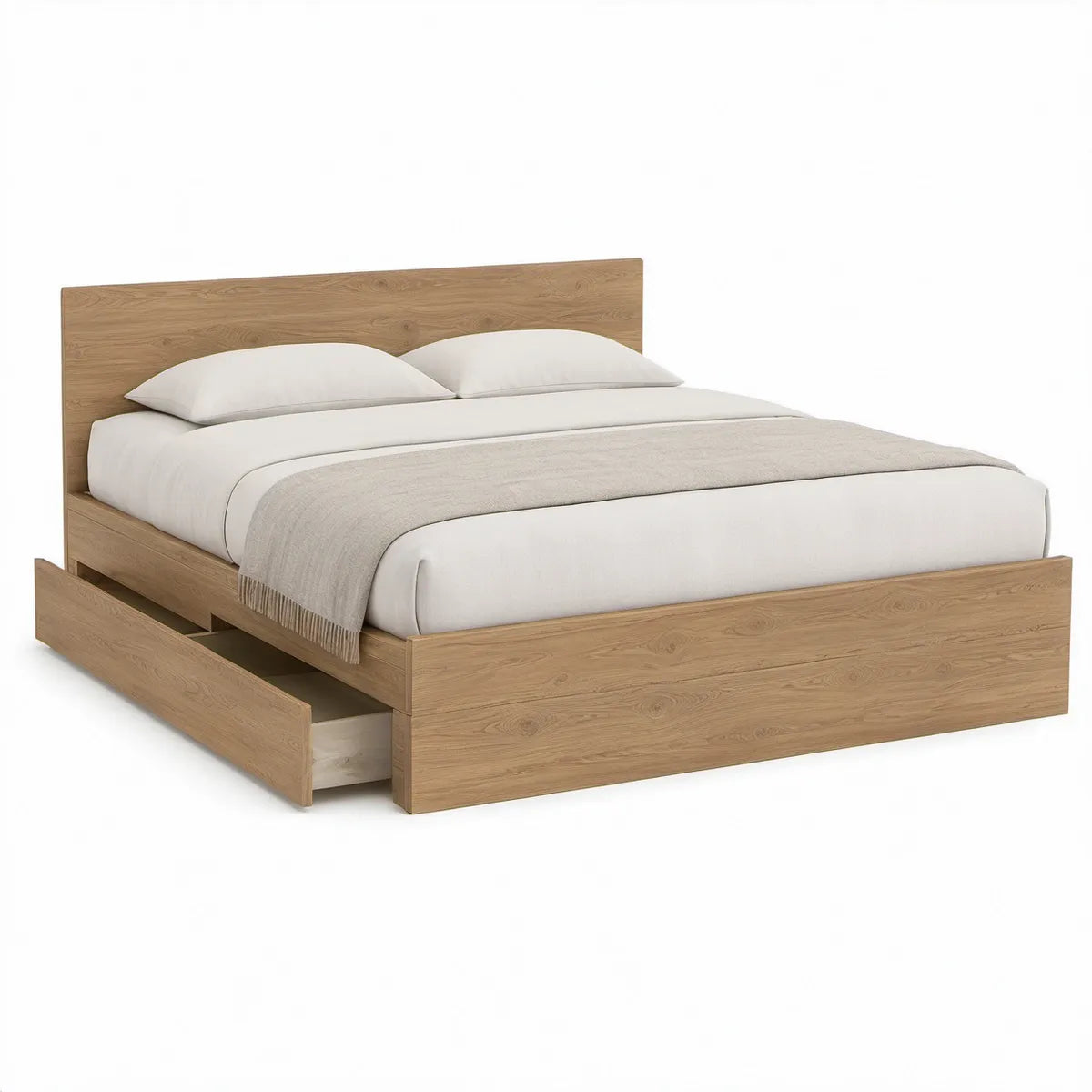 Cama de Casal 160 x 200 cm com Gavetão Inferior em Carvalho Natural