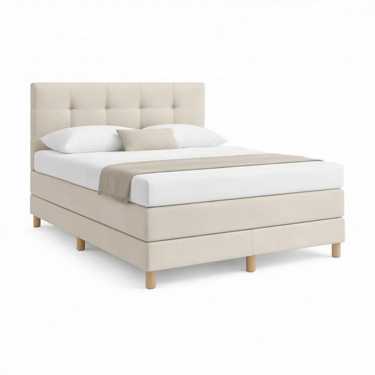Cama Box Estofada Bege 160 x 200 cm com Cabeceira Capitonné