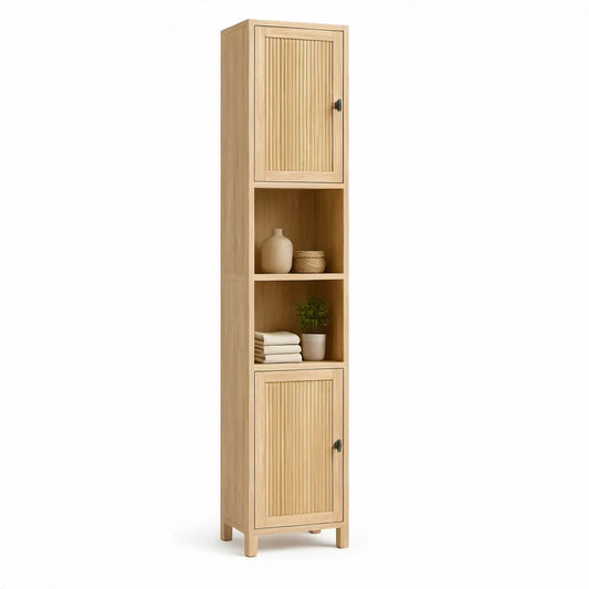 Armário Alto em Bambu Natural com 2 Portas e Nichos Abertos, 40 x 35 x 180 cm