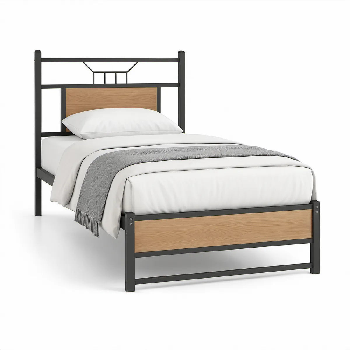 Cama Individual 90 x 190 cm em Aço Preto e MDF Carvalho Natural