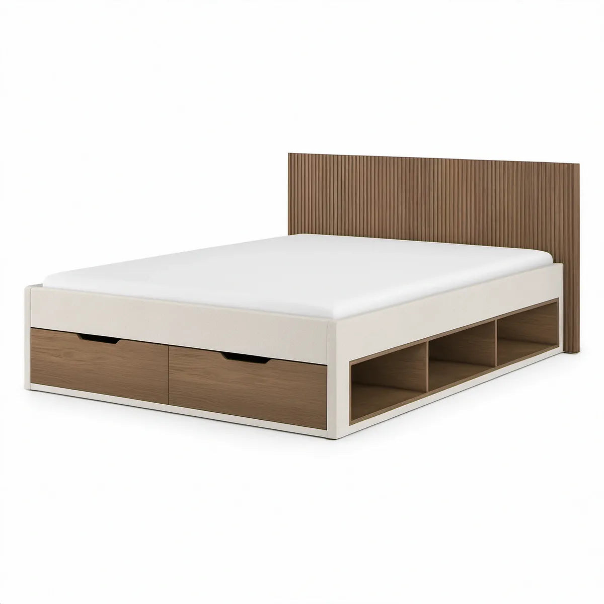 Cama de Casal com Arrumação para Colchão 160 x 200 cm em Branco e Nogueira