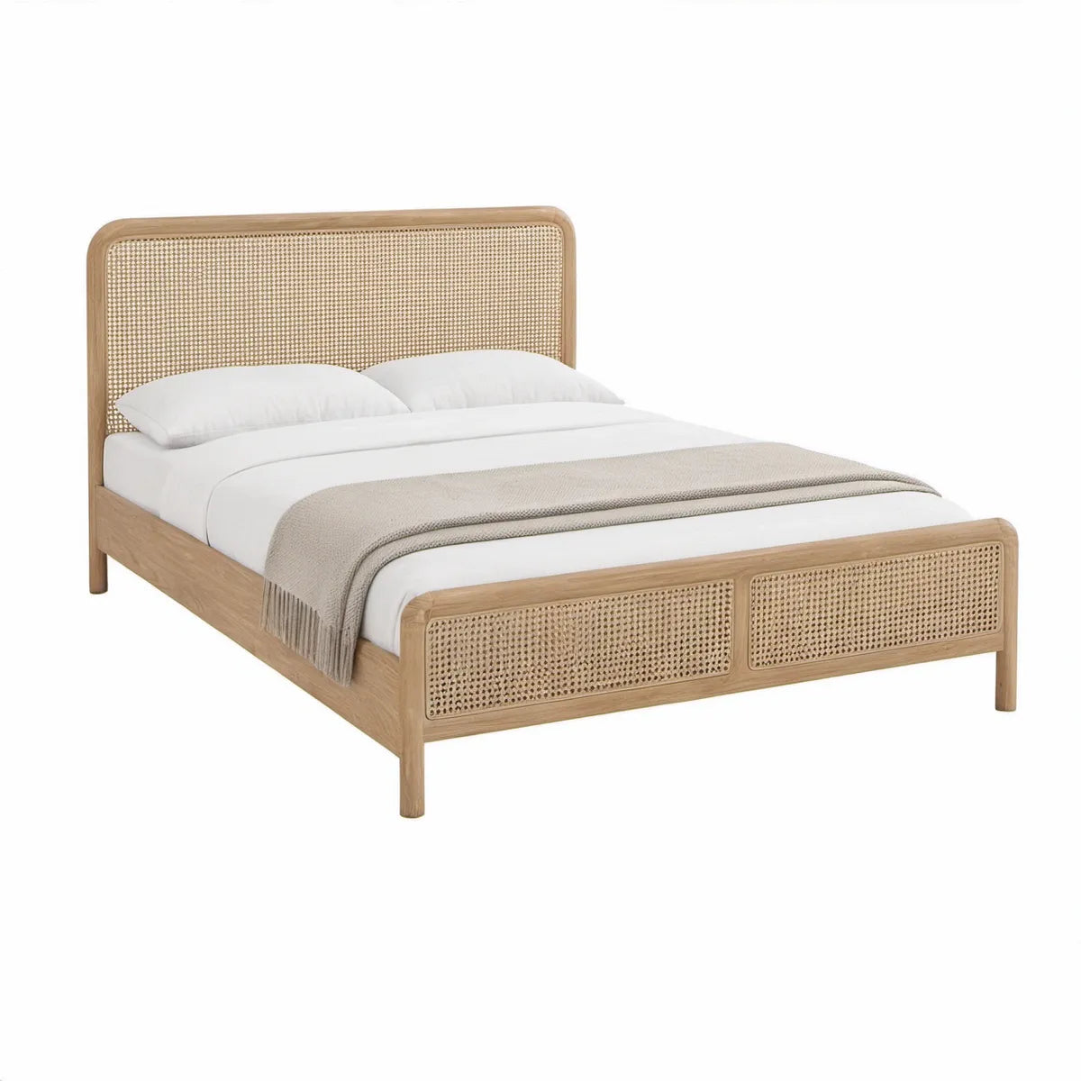 Cama de Casal 160 x 200 cm em Carvalho Maciço e Rattan Natural Bege
