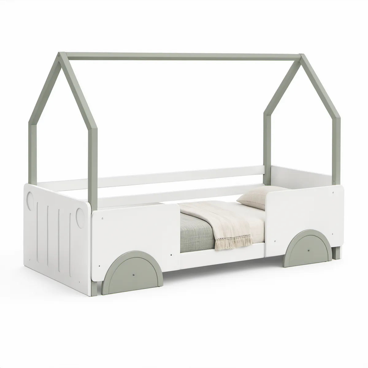 Cama infantil em forma de automóvel com estrutura de casa 90 x 190 cm em MDF e pinho maciço Branco e Verde-sálvia